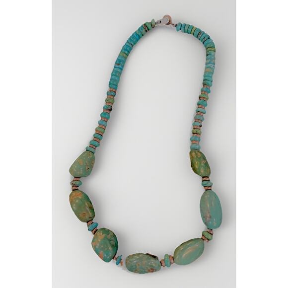 VTG Southwest Carved Heishi Turquoise Bead Necklace Sterling 925 Spacers 80.8g - Picture 3 of 16